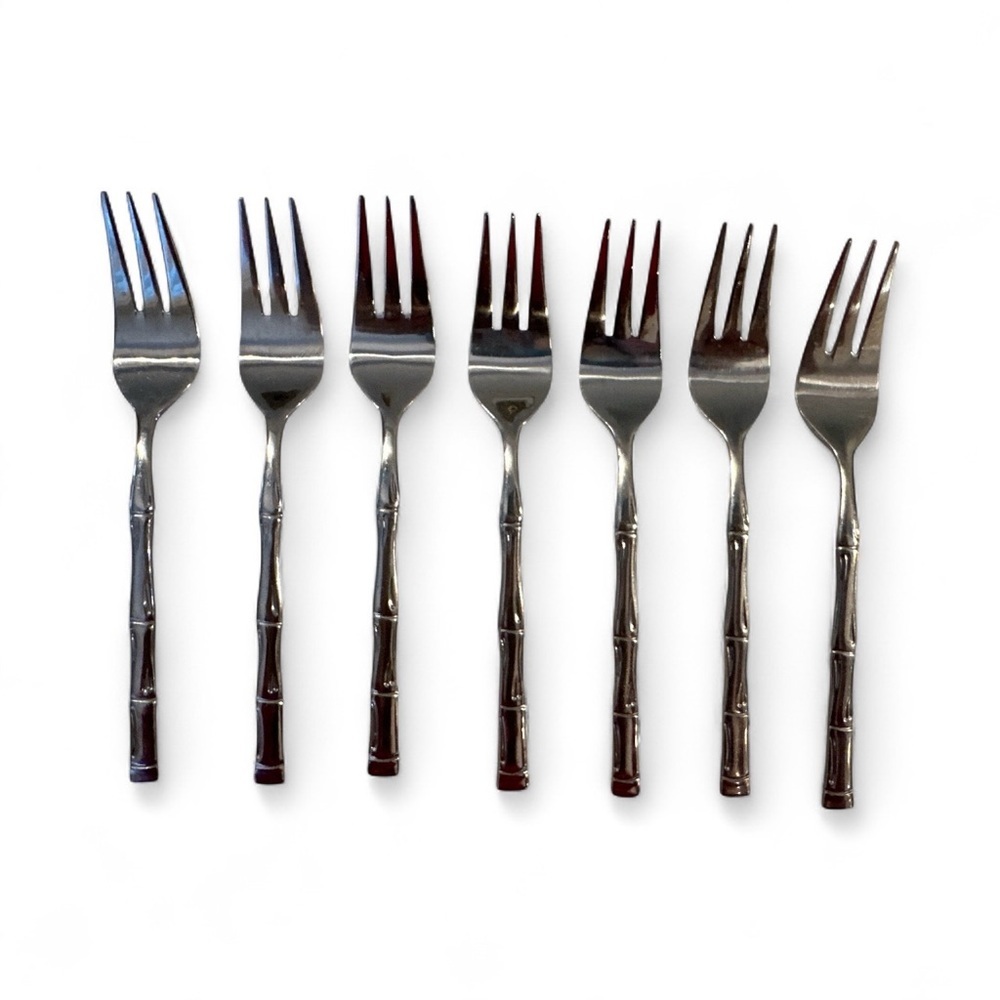 7 Piece VTG  Mid Century KOREA Bamboo Stainless Steel Flatware Salad Forks 6.5"